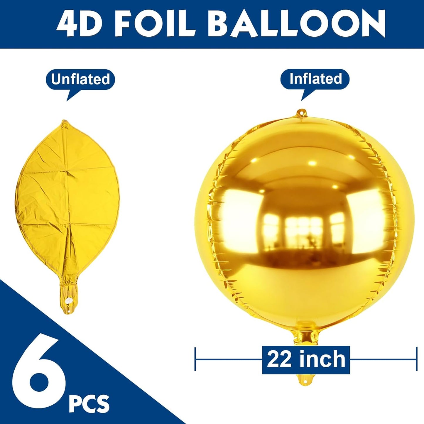 Metallic Gold Round Foil Balloons, 22" Large 4D Sphere Mylar Ball Balloons 6PCS, for Graduation Prom Birthday Wedding Anniversary Disco Party Decorations