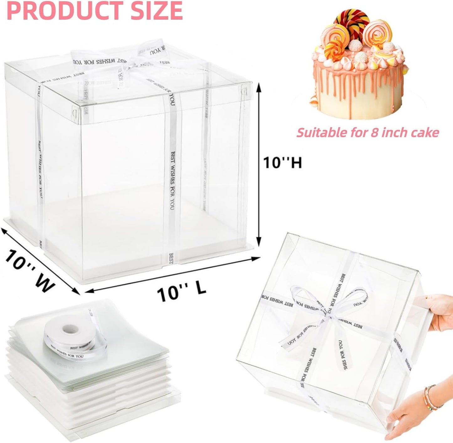 Cididu 6 Pcs Clear Cake Box with Ribbon 2-Layer 10x10x10 Inch, Transparent Cake Carrier Box with Lids, PET Tall Cake Packaging Boxes, Clear Gift Boxes for Mother's Day Birthday Wedding Festival Party