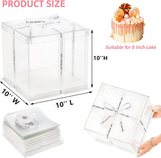 Cididu 6 Pcs Clear Cake Box with Ribbon 2-Layer 10x10x10 Inch, Transparent Cake Carrier Box with Lids, PET Tall Cake Packaging Boxes, Clear Gift Boxes for Mother's Day Birthday Wedding Festival Party