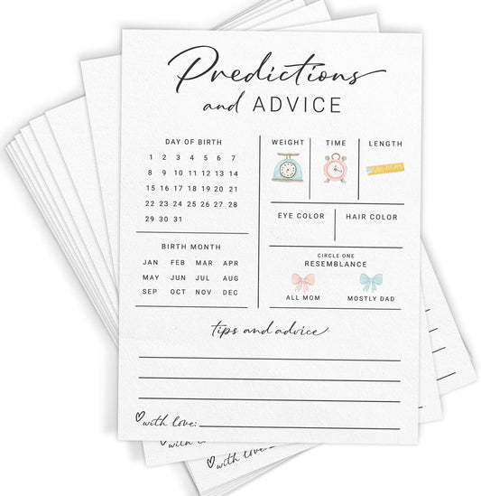 Printed Party Baby Predictions & Advice Cards for New Parents – Baby Shower Game, Wishes for Mommy & Daddy, Gender Reveal Boy or Girl, Modern Minimal Design, 30 Cards