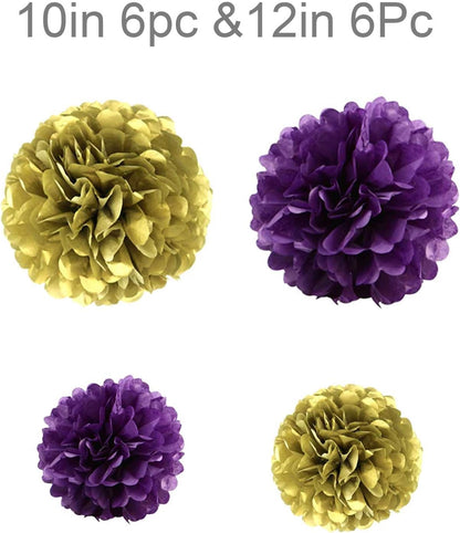 Purple & Gold Tissue Paper Pom-Poms - Hanging Paper Pompoms Flower Ball Wedding, Birthday Party Decoration (6pcs 12in & 10in)