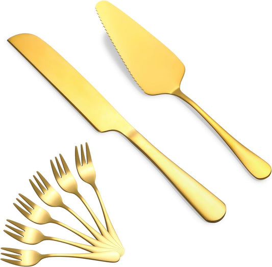 Cake Knife and Server Set with 6 Pcs Cake Forks,Wedding Cake Cutting Set for Birthday Anniversary Parties and Festival(8 PCS, Gold)