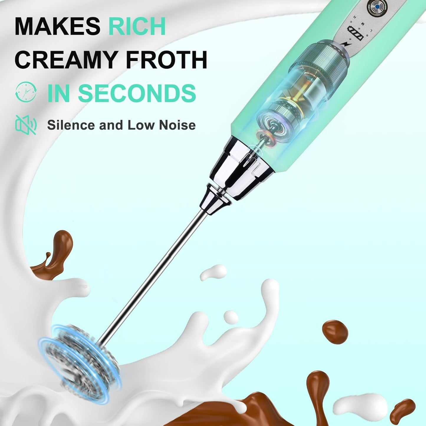YUSWKO Black Handheld Milk Frother Wand for Coffee, Rechargeable Electric Whisk with 3 Heads 3 Speeds Drink Mixer Coffee Frother For Latte, Cappuccino, Hot Chocolate, Egg