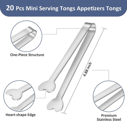 20-Packs Mini Serving Tongs, Stainless Steel Small Appetizers Tongs, Metal Kitchen Tongs, Ice Sugar Tongs for Serving Food (5inch，Silver)