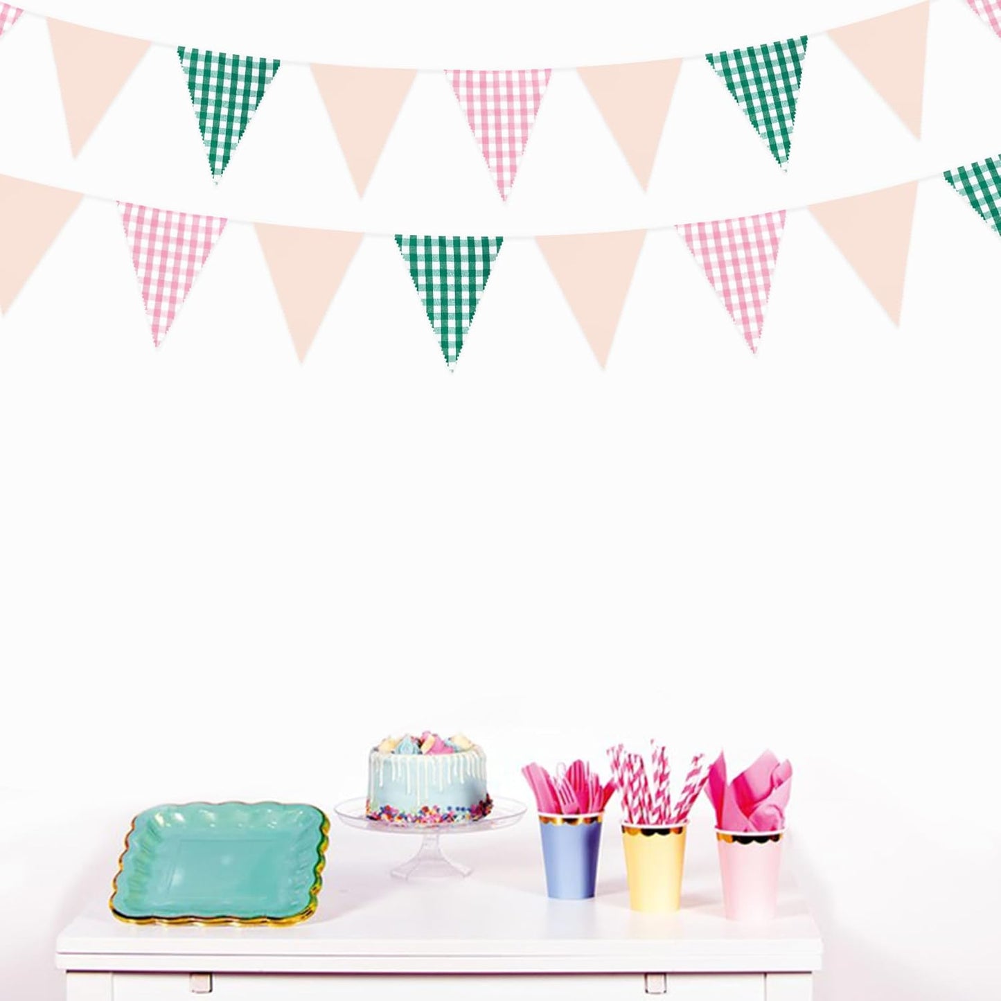 32Ft Dusty Blue Party Decorations Retro Blue Gingham Triangle Banner Flag Pennant Fabric Garland Streamers for Nautical Wedding Birthday Ahoy Achor Bridal Baby Shower Under The Sea Decor Supplies