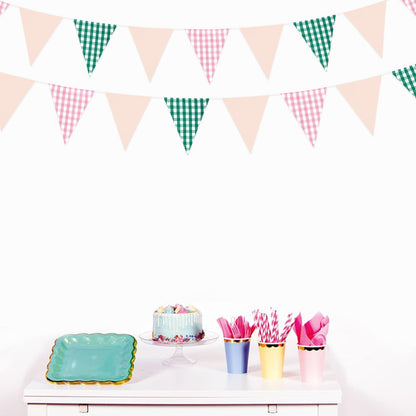 32Ft Dusty Blue Party Decorations Retro Blue Gingham Triangle Banner Flag Pennant Fabric Garland Streamers for Nautical Wedding Birthday Ahoy Achor Bridal Baby Shower Under The Sea Decor Supplies