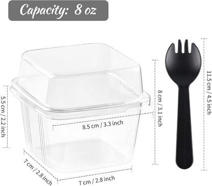 Kucoele 50 Pack 8 oz Plastic Dessert Cups with Lids and Sporks, Clear Square Cake Cups Dessert Containers for Pudding Parfait Fruit Yogurt and Shortcake