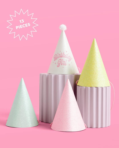 xo, Fetti Birthday Party Hats - Fits Adult + Child - Pastel Rainbow Bday Party, Glitter Birthday Girl, Magical, Paper Party Crowns,