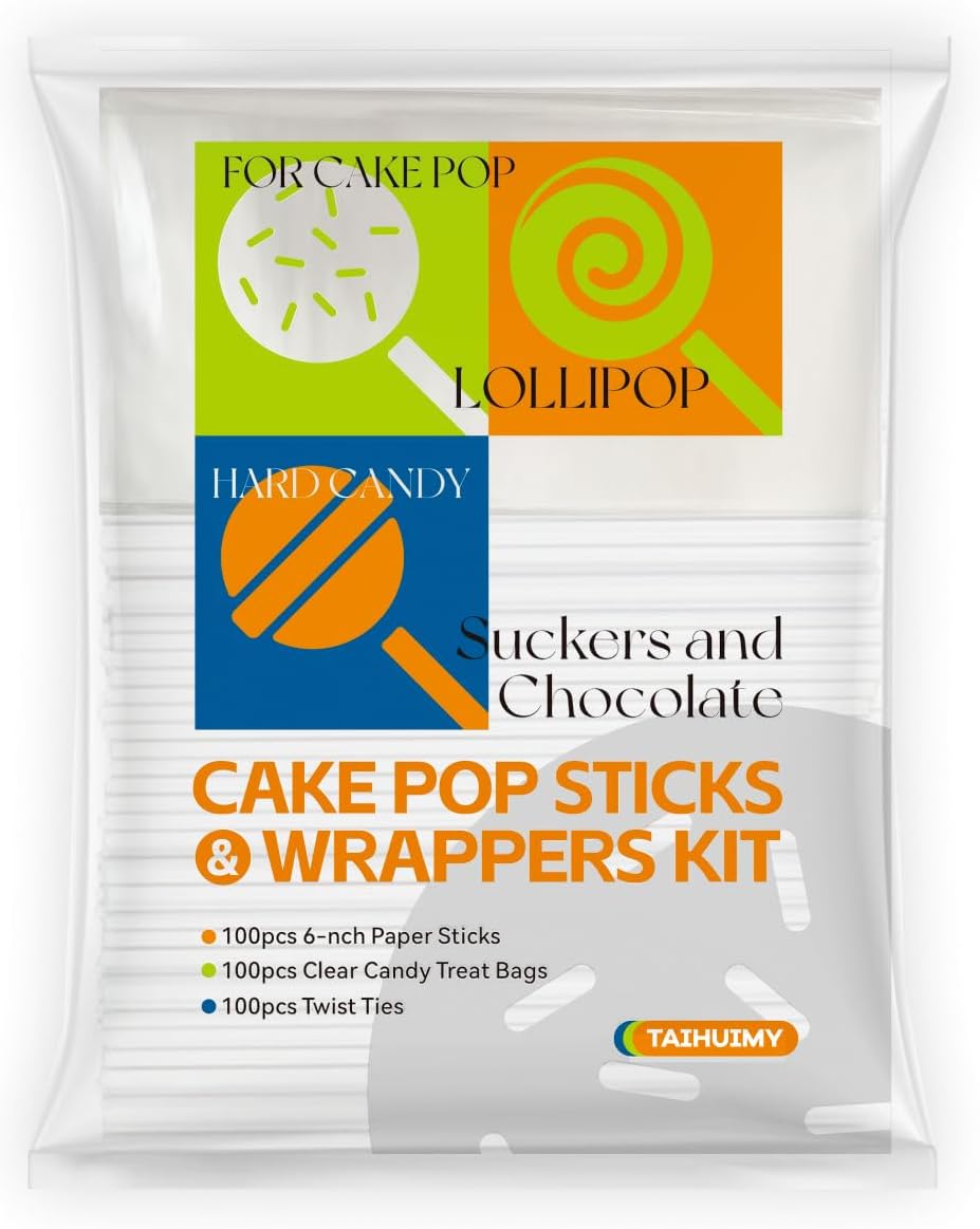 300Pcs 6 Inch(4MM DIA) Cake Pops Sticks,Lollipop Sticks, Cake pop Bags and Wrappers Chocolates and Cookies Set Including 100 Parcel Bags, 100 Papery Treat Stick, 100 Colorful Metallic Twist Ties
