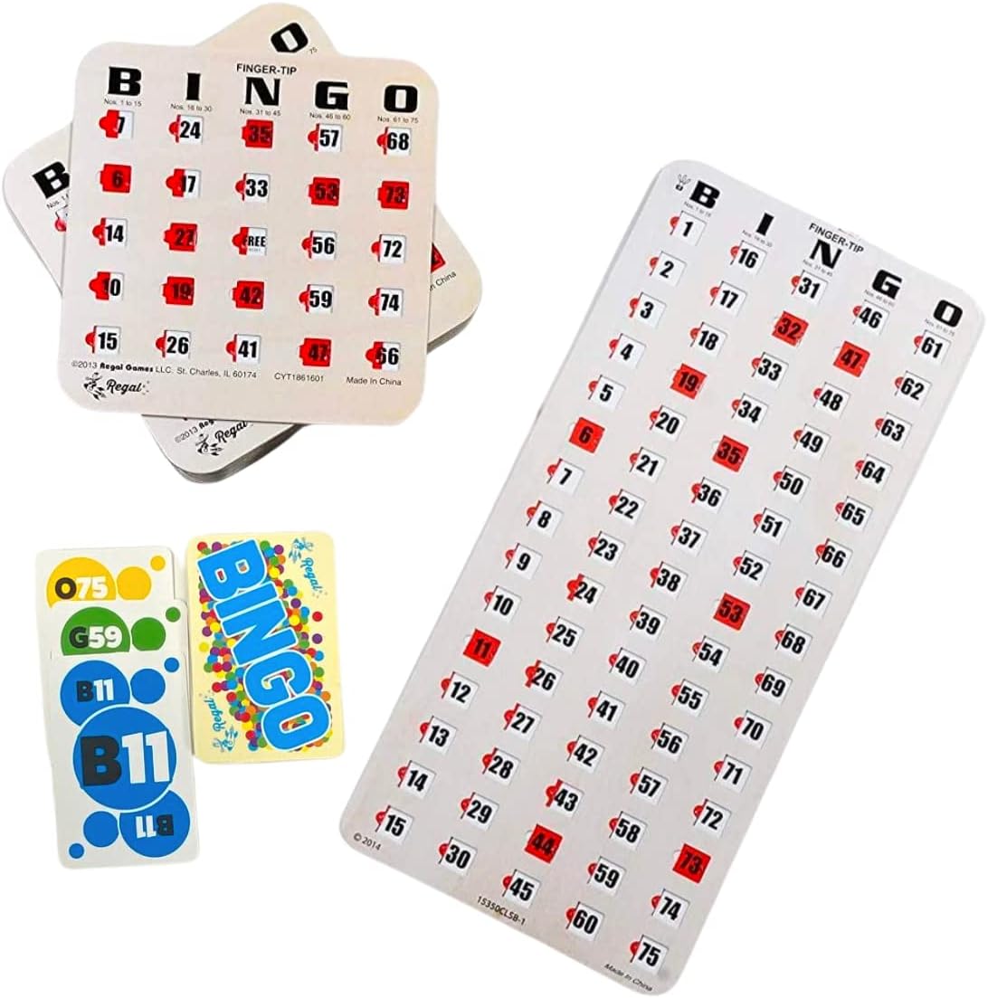 Regal Bingo Game Set for Adults and Kids - 50 Bingo Cards with Sliding Windows, Reusable & Large Bingo Cards, 1 Master Board - Fun Family Game Night - No Chips & Daubers Needed - Green