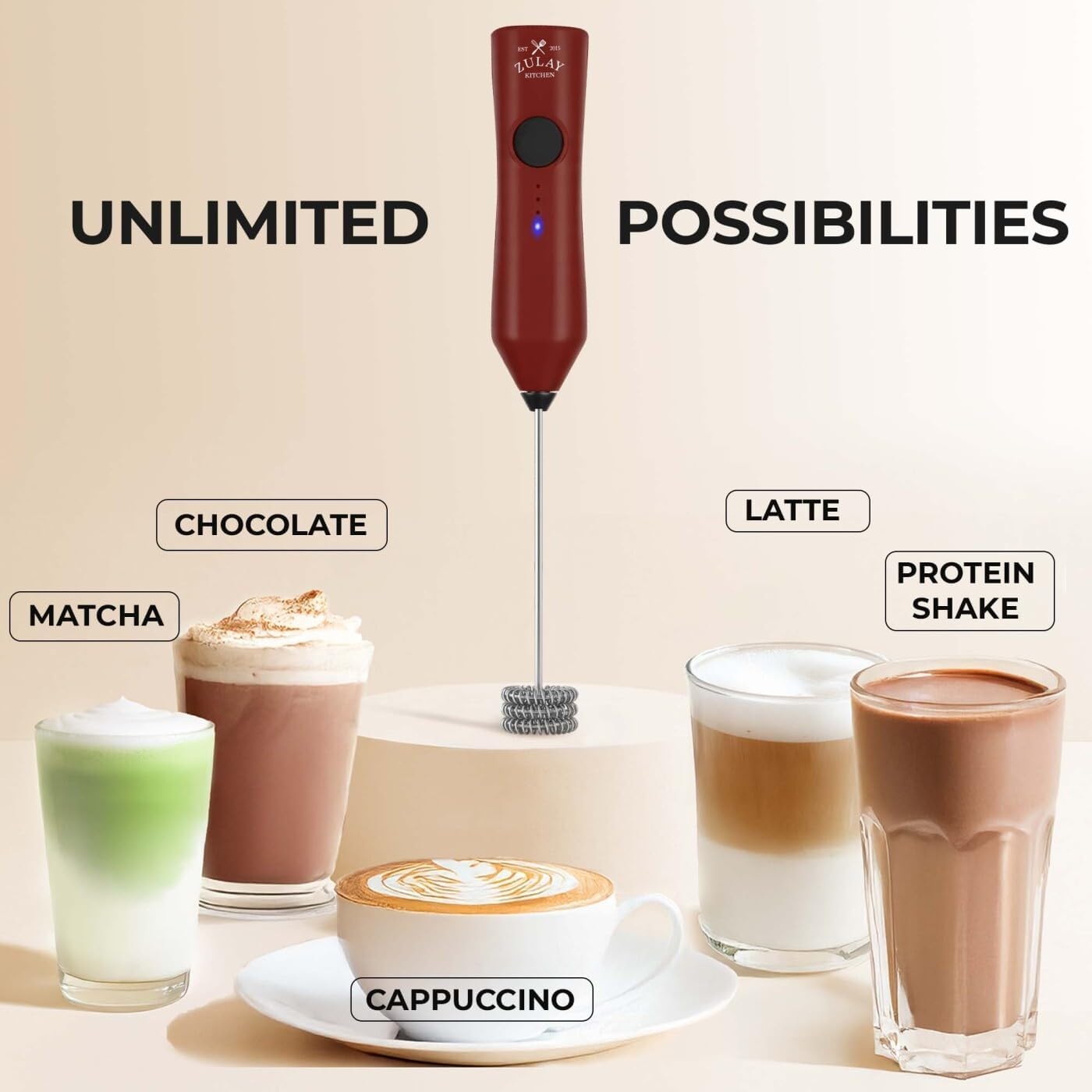 Zulay Kitchen Powerful Milk Frother Wand With Duracell Batteries - Ultra Fast Handheld Drink Mixer - Electric Whisk Foam Maker for Coffee, Lattes, Cappuccino & Matcha - Z1 Motor - Black - Colors A