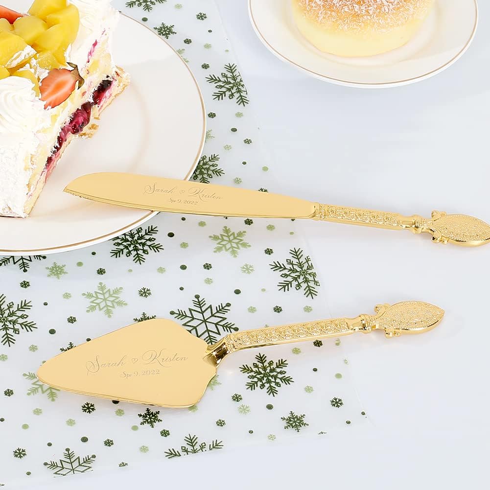 Cake Cutting Set for Wedding, Personalized Gold Cake Knife and Server Set, Custom Cake Serving Set, Engraved Pastry Pie Server Cake Pizza Cutter, Birthday Bridal Gift (F-Classic)