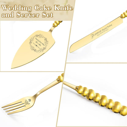 Wedding Cake Knife and Server Set, Gold Ceramic Pearl Handle Cake Cutting Set for Weddings, Engagements, Anniversaries, and Engagement Gifts for Couples