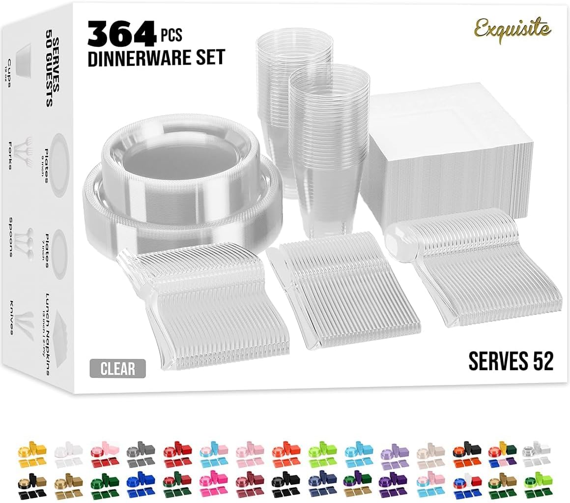 350 Pcs Black Plastic Plates For Party, Black Disposable Plates Set, 50 Of Each 9" Dinner Plate Set, 7" Dessert Plate, Cups, Napkins & Cutlery Plastic Dinnerware Set Exquisite
