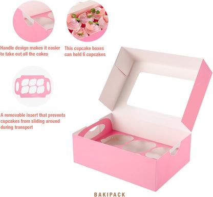 25 Pink Cupcake Boxes, Cupcake Boxes 6 Count with Window and Inserts, Mother's Day Cupcake Holders for Cupcakes, Muffins, Cookies