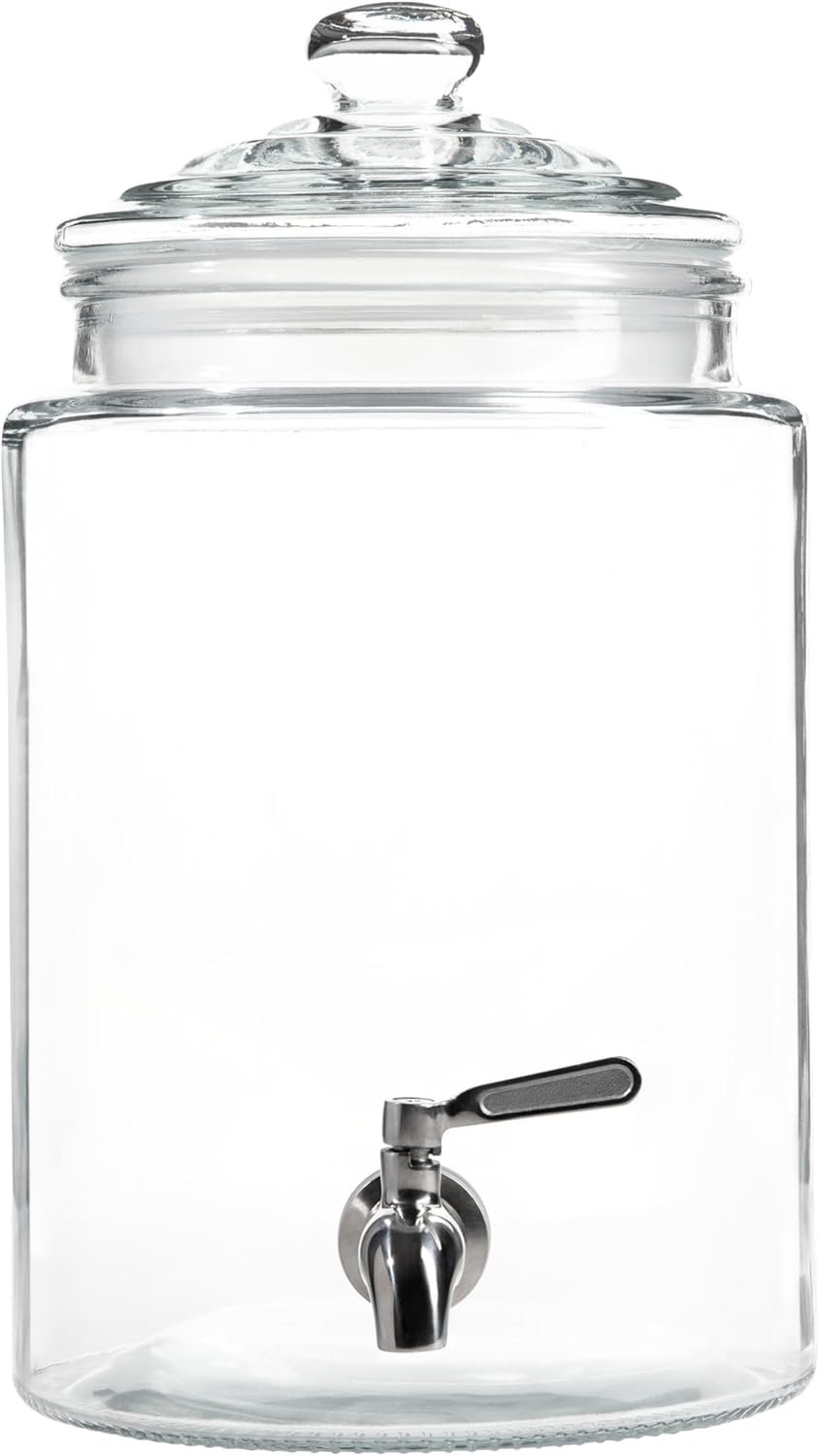 Large Glass Drink Dispenser with Spout – 1.5 Gallon Tall Mason Jar Style Beverage Server with Airtight Lid & Metal Spigot for Water, Tea, Juice, Punch, or Cocktails