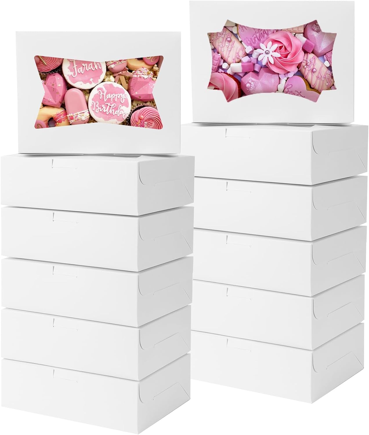 TOMNK 30pcs Cookie Boxes, 8x6x2.5 Inches 3 Style Windows Treat Boxes with Window for Treats, Chocolate Covered Strawberries, Muffins, Donuts