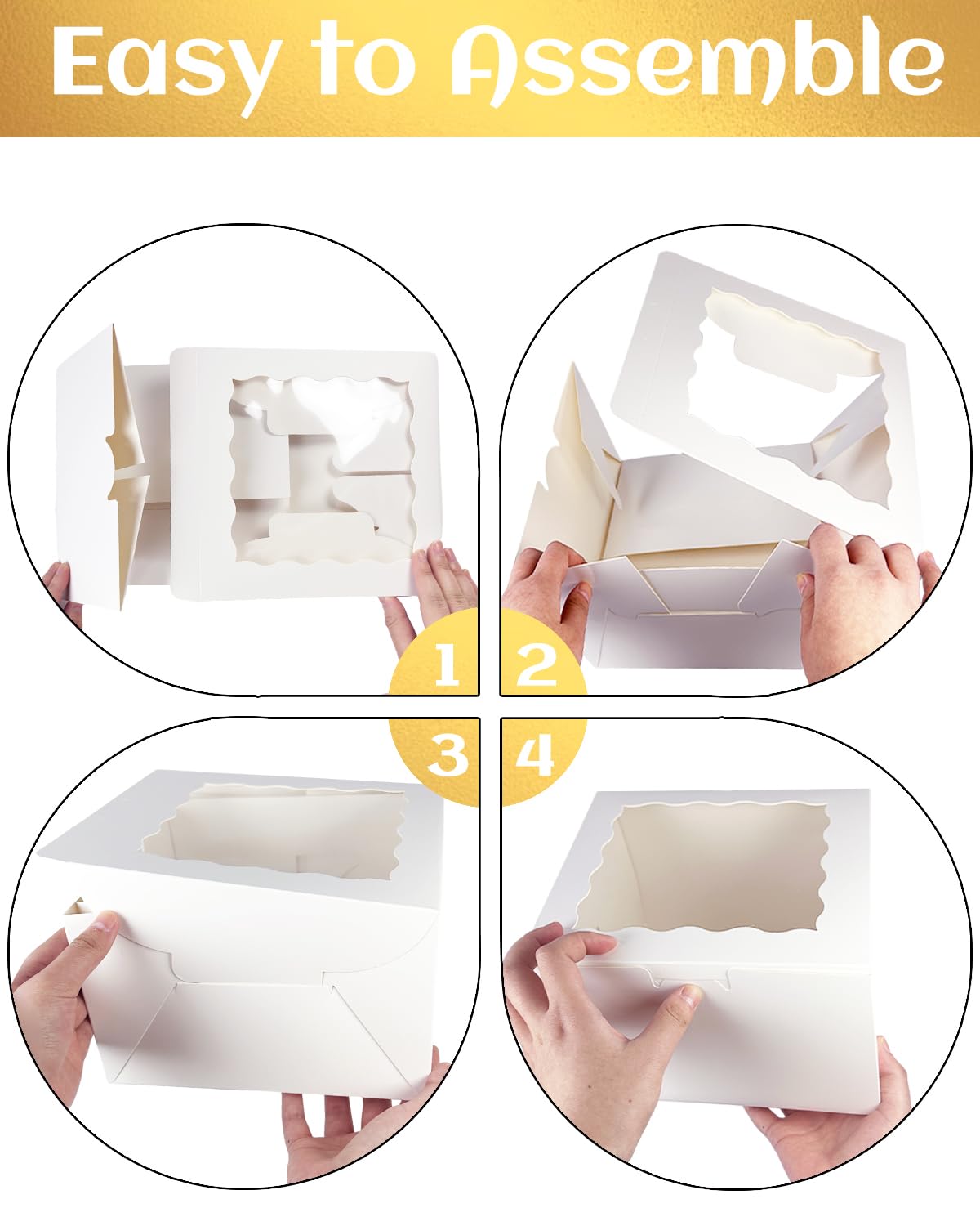 qiqee White 6x6x5 Cake Box, 4 Sets White Cake Box with Window ＆ 4 Sets 6" White Cake Round Boards, 6inch Cake Containers