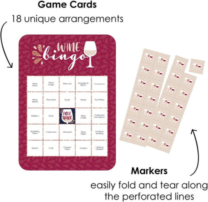 Big Dot of Happiness But First, Wine - Bingo Cards and Markers - Wine Tasting Party Bingo Game - Set of 18