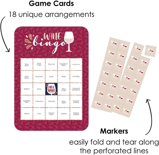 Big Dot of Happiness But First, Wine - Bingo Cards and Markers - Wine Tasting Party Bingo Game - Set of 18
