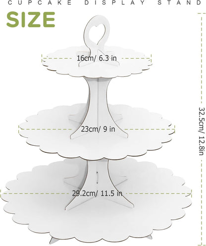 White Cupcake Stand Tower, 3-Tier Cardboard Dessert Display with Heart Handle,Perfect for Birthday Baby Shower Wedding Tea Party Graduation, Easy 60-Second Assembly, Holds 12+Cupcakes (1-Pack)