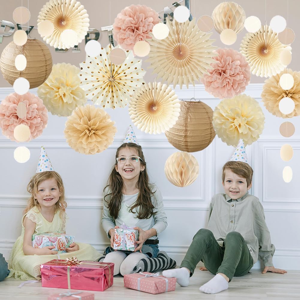 Dusty Pink Boho Party Decorations Pink and Beige Birthday Baby Shower Decorations Paper Fans Paper Pom Poms Lanterns for Women Girl Rustic Bachelorette Wedding Decor