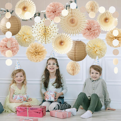 Dusty Pink Boho Party Decorations Pink and Beige Birthday Baby Shower Decorations Paper Fans Paper Pom Poms Lanterns for Women Girl Rustic Bachelorette Wedding Decor