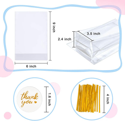 Cellophane Treat Bags, 5x7 Inch Iridescent Cellophane Bags with Thank You Stickers and Twist Ties, Celebrations Baby Showers Weddings Birthday Party Gift Wrapping(Pack of 100)