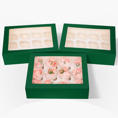 Bakepacker Auto-pop Up Cupcake Boxes with Window White 20PCS 12 Count Cupcake Box 13"x10"x3.5" Cupcakes Carrier, 12 Cupcake Containers with rolls of pink ribbons