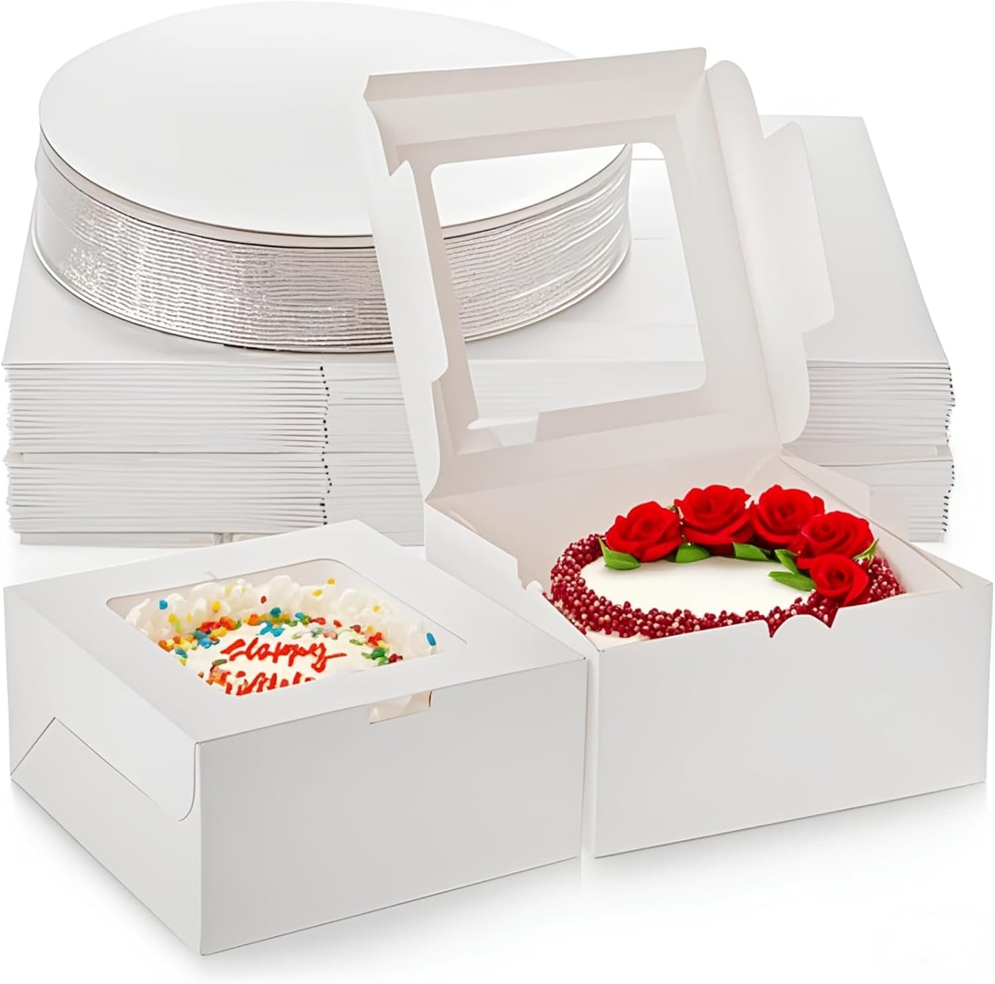 AVLA 20 Pack Cake Boxes with Window, 10 Inch Bakery Cake Boxes with Boards, Disposable Dessert Cake Container Carrier, White Pastry Pie Take Out Boxes for Wedding, Birthday Party, Easy Assembly