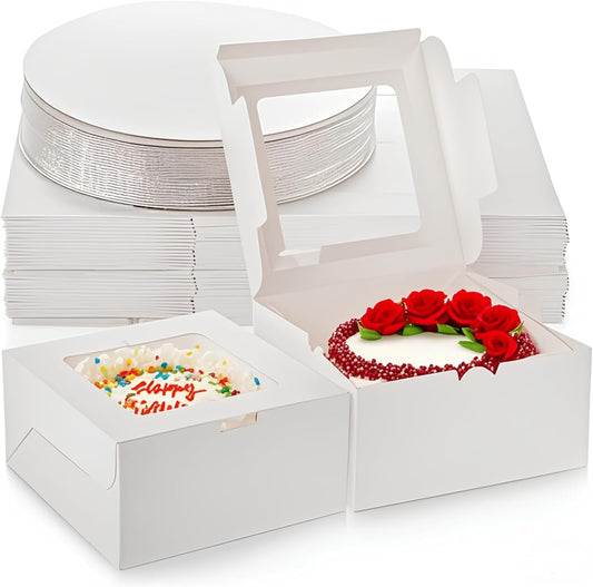 AVLA 20 Pack Cake Boxes with Window, 10 Inch Bakery Cake Boxes with Boards, Disposable Dessert Cake Container Carrier, White Pastry Pie Take Out Boxes for Wedding, Birthday Party, Easy Assembly