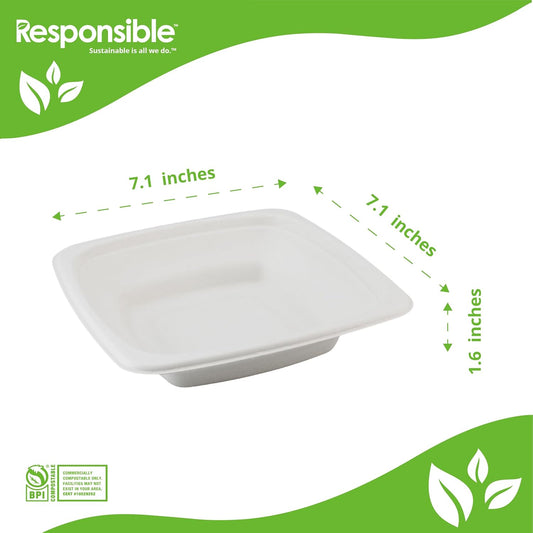 Responsible Products 100% Compostable Square Serving Bowls, 48 oz Disposable Paper Bowls, Microwave Safe, Freezer Safe, Soup Safe, No Plastic, Eco-Friendly, Tree-Free, No PFAS. White (50 Count)