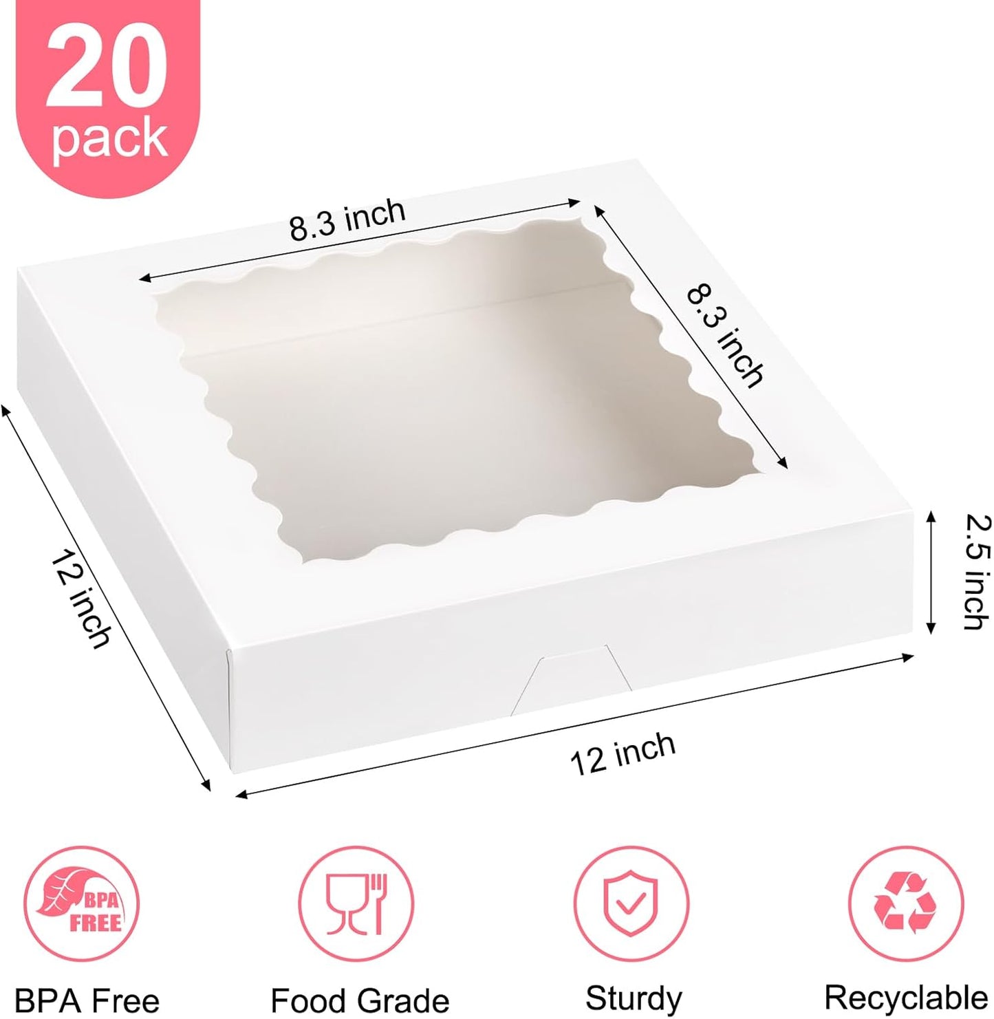 Kucoele 20 PCS Pie Boxes, 9 x 9 x 2.5 Inches Bakery Boxes with Window, Auto-Popup Cookie Boxes White Treat Boxes for Chocolate Strawberries, Pastries, Muffins, Donuts