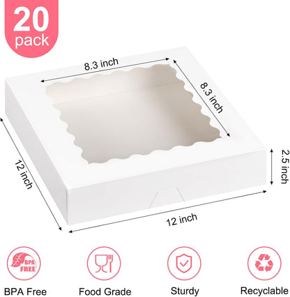 Kucoele 20 PCS Pie Boxes, 9 x 9 x 2.5 Inches Bakery Boxes with Window, Auto-Popup Cookie Boxes White Treat Boxes for Chocolate Strawberries, Pastries, Muffins, Donuts