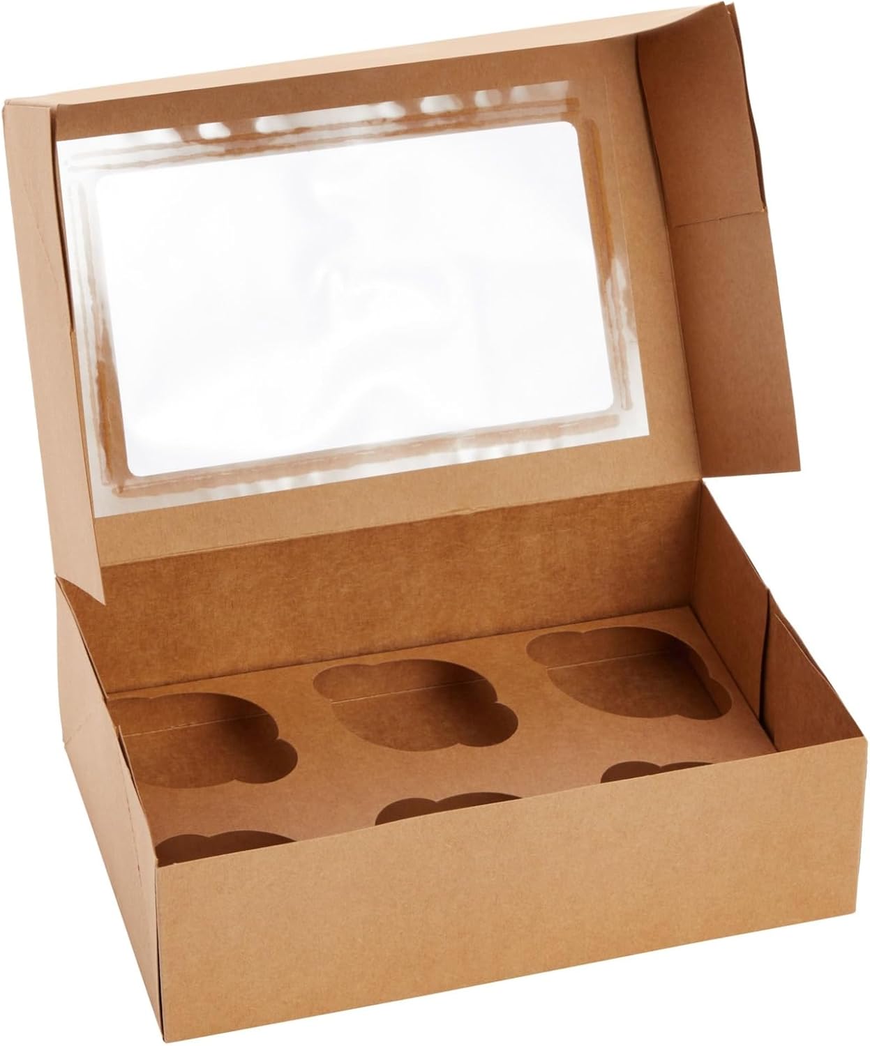 Juvale Cupcake Boxes - 6 x 6 in, 24 Count, Brown - 4-Cup Insert & Clear Window Cupcake Containers & Muffin Boxes