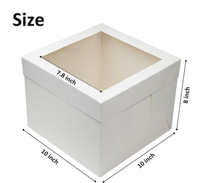 12 inches White Cake Box with Cake Board, 1/2 inch Thick Silver Cake Drum Set, Square Bakery Box with Window Lid and Cake Board Combo, Disposable Container for Bakery (12x12x8“)