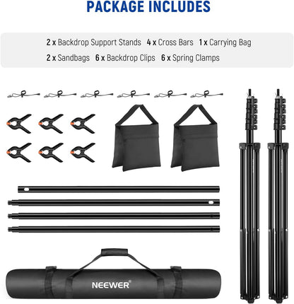 Neewer Photo Studio Backdrop Support System, 10ft/3m Wide 6.6ft/2m High Adjustable Background Stand with 4 Crossbars, 6 Backdrop Clamps, 2 Sandbags, and Carrying Bag for Portrait & Studio Photography