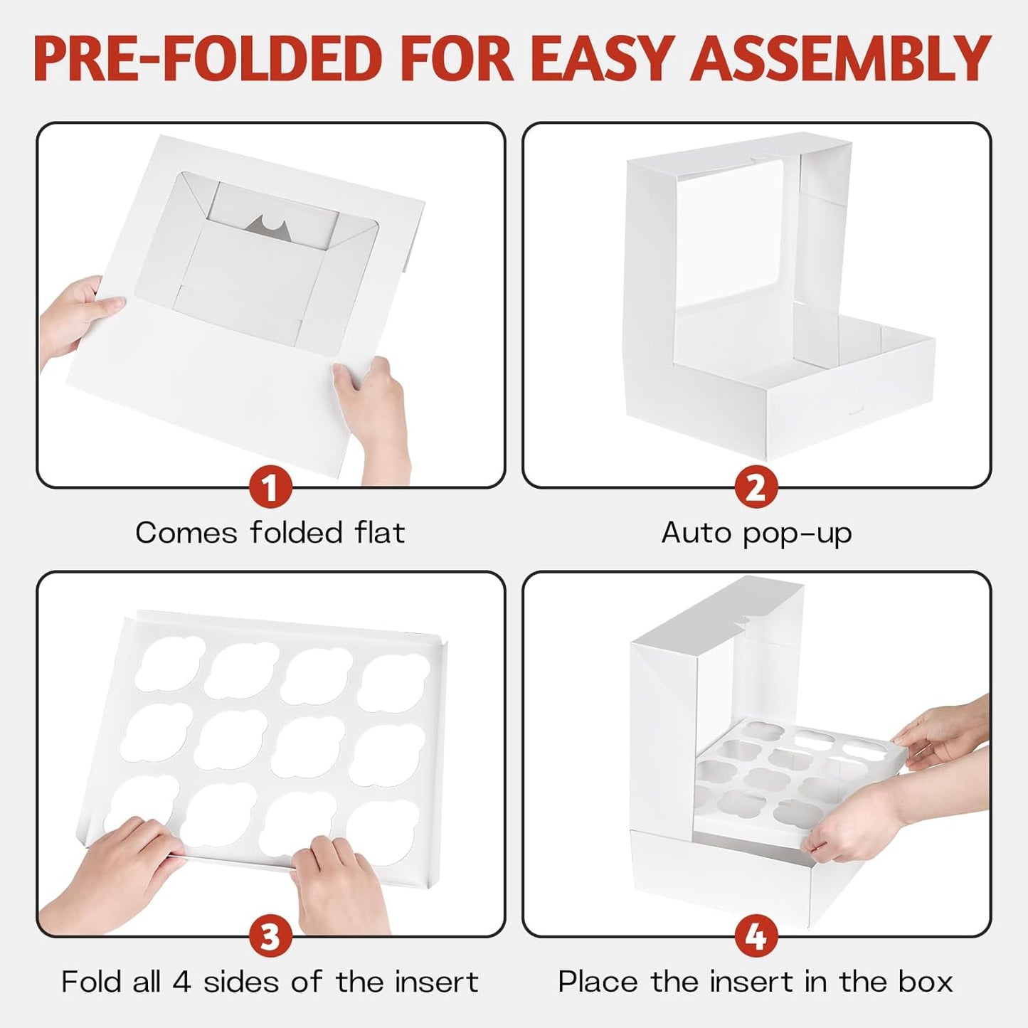 ZORRITA 12 Count Cupcake Boxes, 4 Pack Auto-Popup White Cupcake Containers with Window and Inserts Cupcake Carrier with Holders to Fit Dozen Cupcakes and Muffins