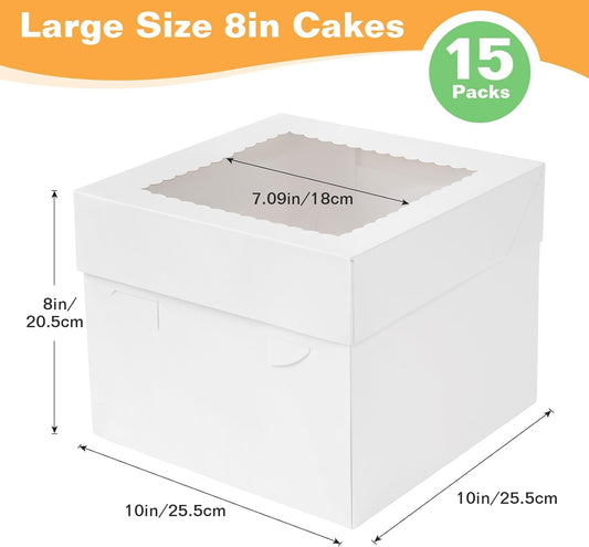 15Pcs 12x12x8 Inch Tall Cake Boxes with Clear Window & Cake Boards - Sturdy White Bakery Boxes with Scalloped Edge for Layer, Wedding, Birthday Cakes - Secure Transport for Professional & Home Bakers