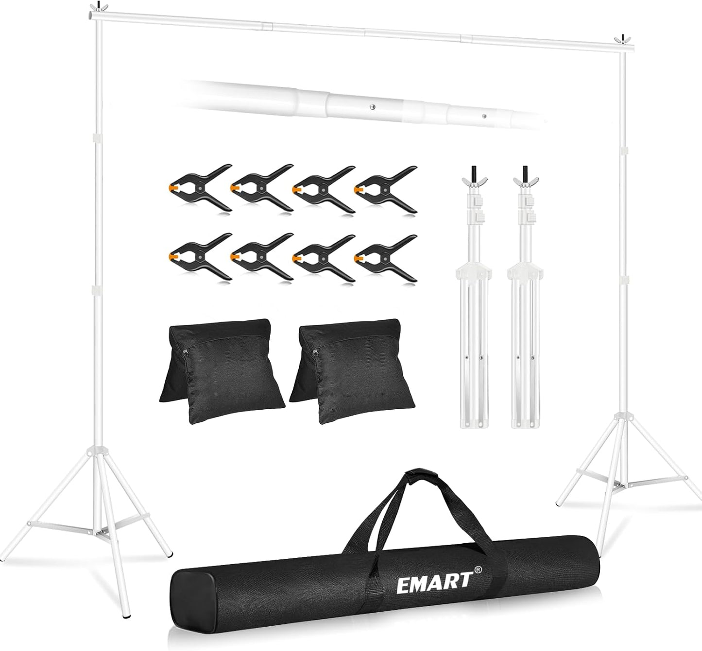 EMART Backdrop Stand 10x7ft(WxH) Photo Studio Adjustable Background Stand Support kit with 2 Crossbars, 8 Clamps, 2 Sandbags and Carry Bag for Parties, Events Decoration, Wedding, Photography -White
