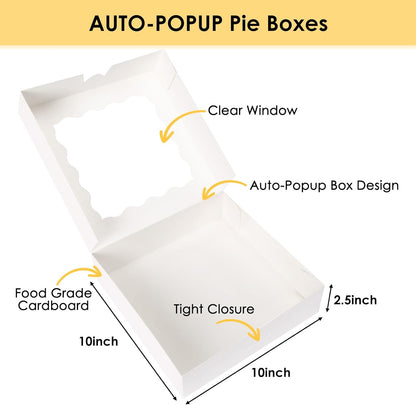 Moretoes 35pcs Bakery Boxes, 10x10x2.5 Inches Auto-Popup Cookie Boxes with Window for Pie, Cookie Cake, Treats, Pastries, Chocolate Covered Strawberries