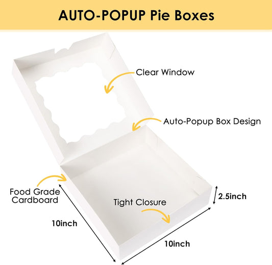 Moretoes 35pcs Bakery Boxes, 10x10x2.5 Inches Auto-Popup Cookie Boxes with Window for Pie, Cookie Cake, Treats, Pastries, Chocolate Covered Strawberries