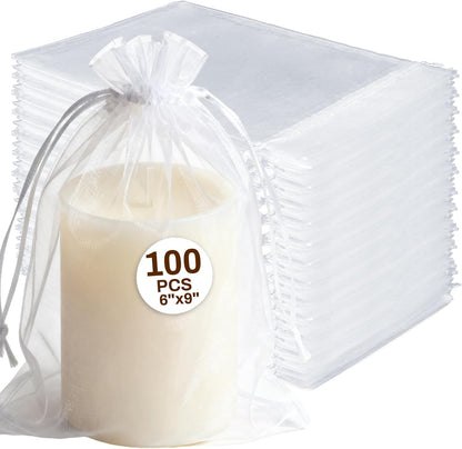 Sukh 100pcs Organza Bags 5''x7'' - White Sheer Mesh Drawstring Bags for Jewelry, Soap, Fruits, Candy, Small Gift Bags for Weddings, Valentine's Day, Mother's Day, Halloween, Thanksgiving, Christmas