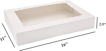 Tcoivs 20-Pack 16" x 11" x 2.5" Bakery Boxes with Window Hold 12 Donuts, Auto-Popup Large Cookie Boxes, Treat Boxes for Pastries (White)