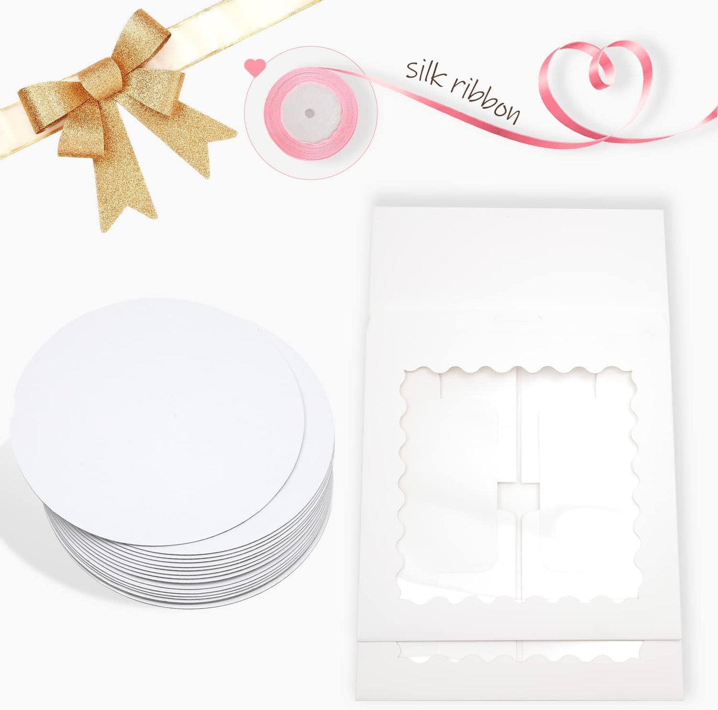 Bakepacker 36pcs 6x6x5 Inches with Window 18-Packs White 6 Inch Bakery Boxes (18 Cake Boxes +18 Cake Boards + 10 Meters Silk Ribbon Includes Included)