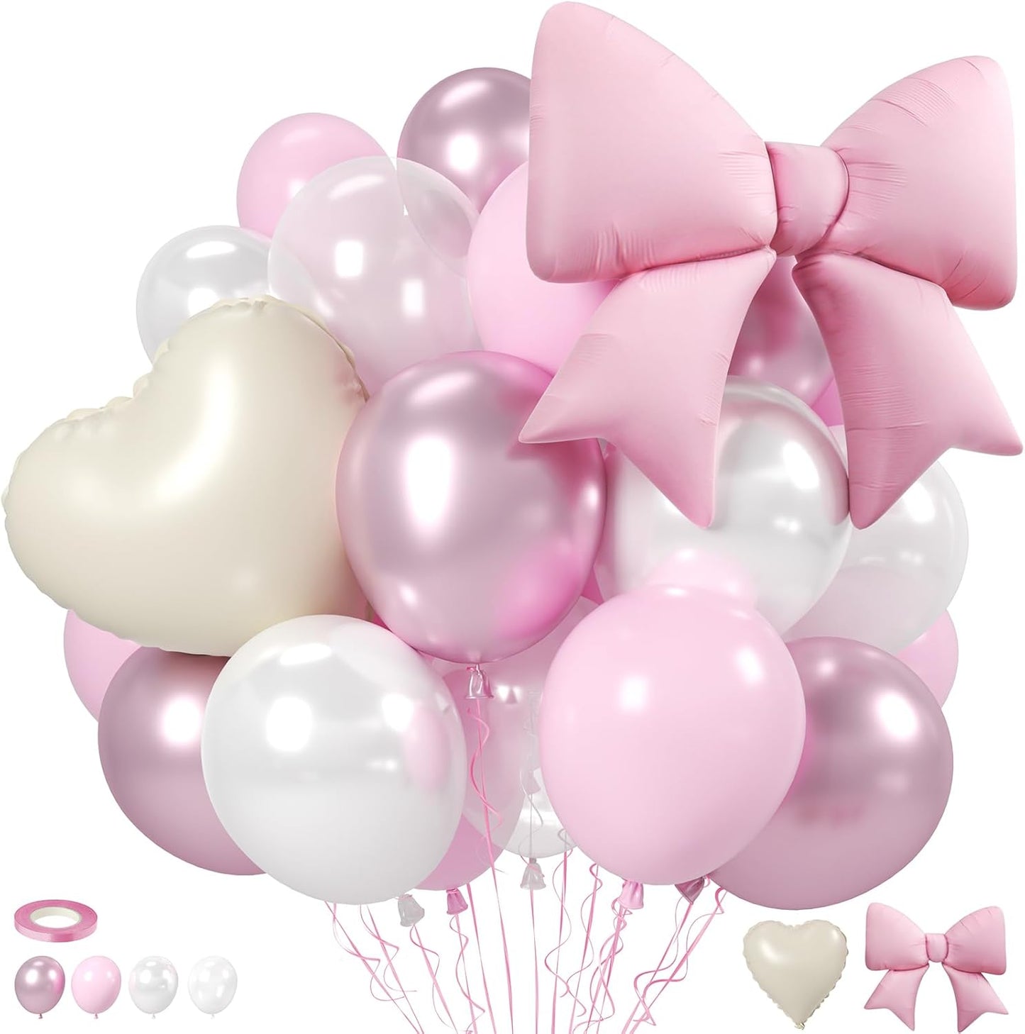 Black White Bow Balloons, 50 Pcs Pearl White Dot Printed Balloons with Black Bow and Cream Heart foil Balloon for Alternative Birthday Party Baby Shower Wedding Bachelorette Party Decorations