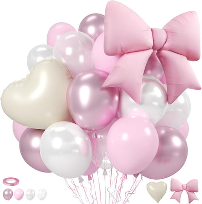Black White Bow Balloons, 50 Pcs Pearl White Dot Printed Balloons with Black Bow and Cream Heart foil Balloon for Alternative Birthday Party Baby Shower Wedding Bachelorette Party Decorations