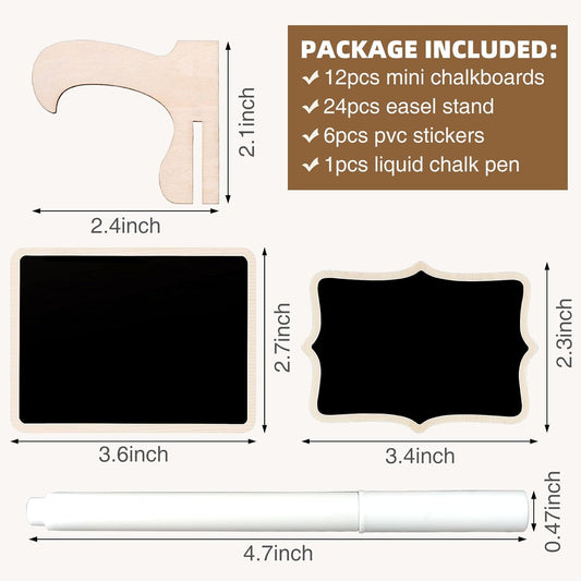 12 Pcs Mini Chalkboard Signs, Small Chalkboard Labels with Easel Stand, Wooden Blackboard for Table Numbers, Food Signs, Wedding Signs, Place Cards and Event Decoration, with 1 Liquid Chalk