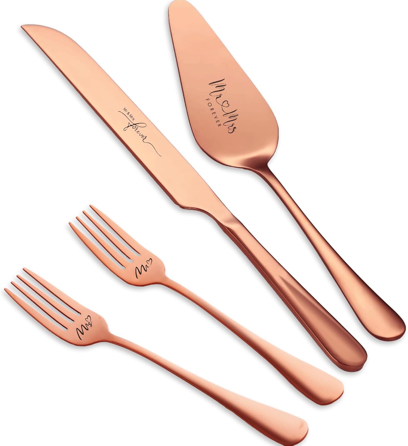 4 Pieces Wedding Cake Knife and Server Set, Stainless Steel Mr and Mrs Cake Cutter and Forks for Wedding, Birthday, Bridal Shower Gifts for Couples (Rose Gold)
