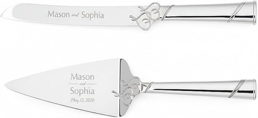 Lenox True Love Silver Personalized Wedding Cake Cutting Set, Engraved Wedding Cake Knife and Server, Wedding Cake Cutter